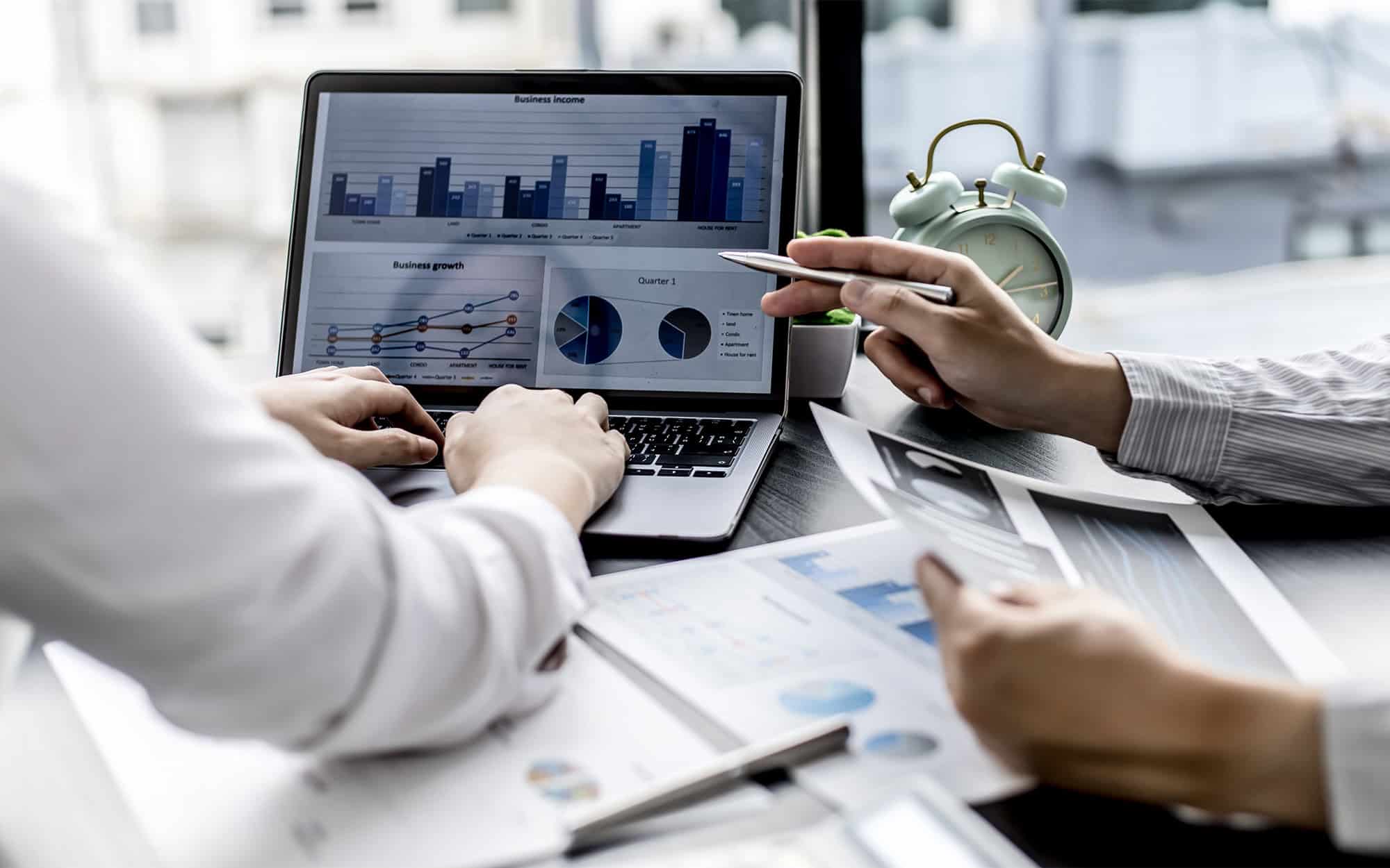 Side view of two people working on a financial software using a laptop