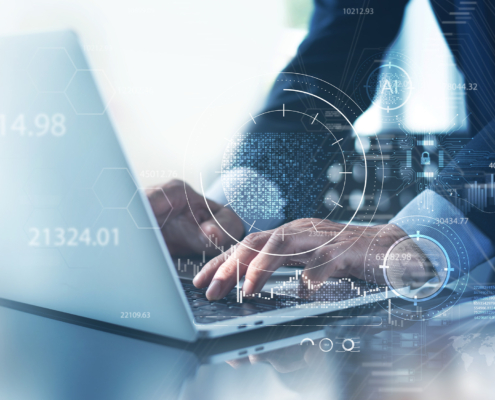 businessman using laptop computer with global network connection