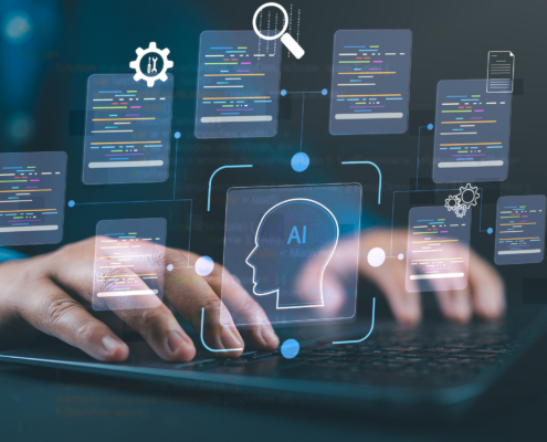 Programmer using AI coding tools on a laptop to assist software development
